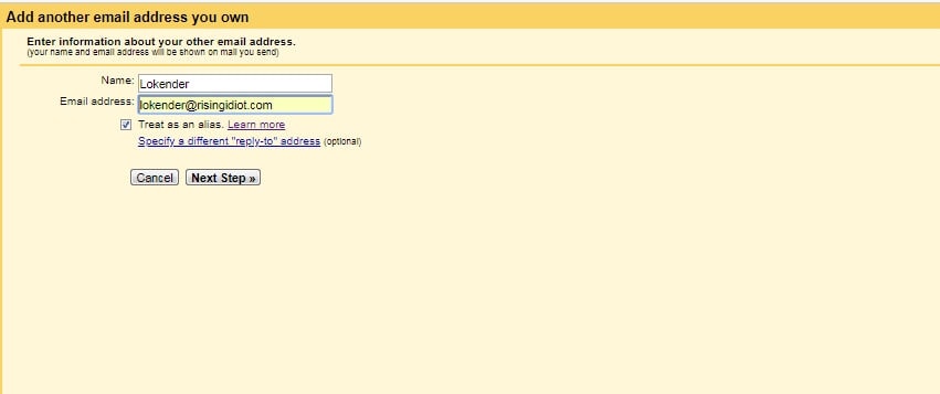 Add another Email address step 1 gmail custom domain