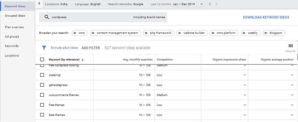 SEO Google keyword planner