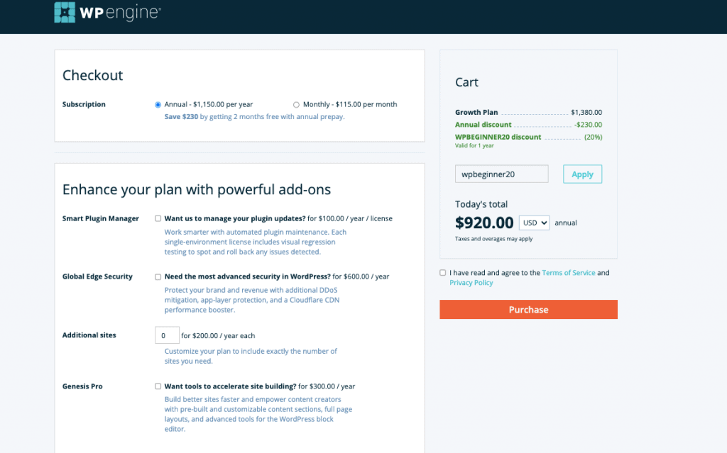 WP engine checkout page with discount wp engine discount