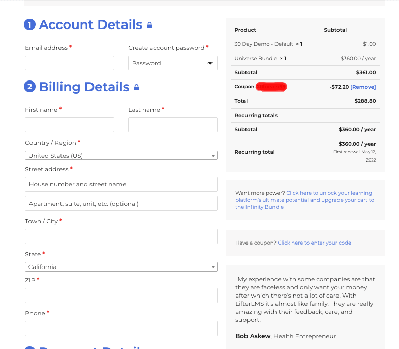 LifterLMs coupon activated lifterlms coupon