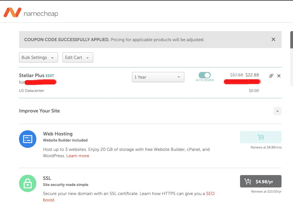 NameCheap coupon applied Namecheap coupon