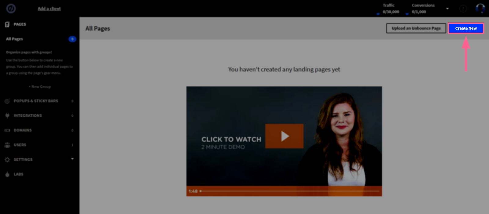 Create a new page in Unbounce Create page on Unbounce